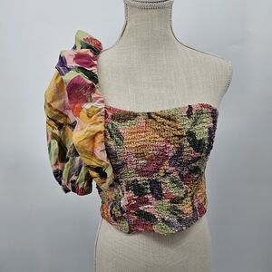 ZARA Floral One Shoulder Puff‎ Sleeve Smocked Top Size L